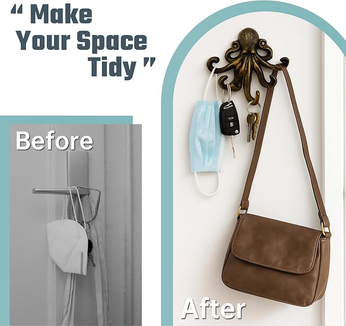 Octopus Cast Iron Wall Hook – Nautical Decorative Key Holder, Coastal Ocean Theme Animal Hook for Entryway, Bathroom, or Bedroom, Heavy Duty Antique Bronze