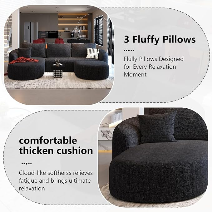 111" Modular Sectional Couches Luxury Modern Curved Back U-Shape Sofa Set with Ottoman,Minimalist Comfy Boneless Cloud Couch for Living Room Apartment,(Left Facing Chaise,Black)