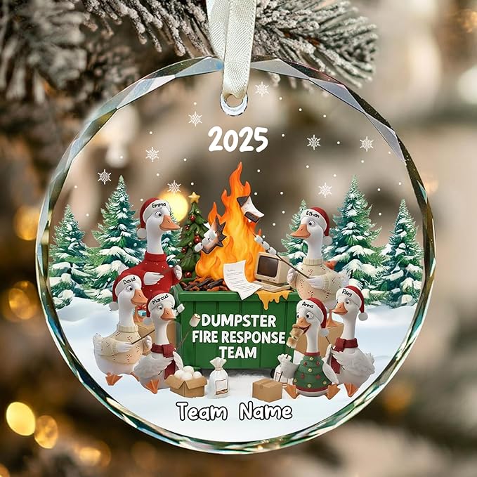 NAZENTI Personalized Funny Goose Fire Response Team Glass Ornament, Custom Flaming Dumpster Holiday Piece, Coworker Christmas Tree Hanging Decoration