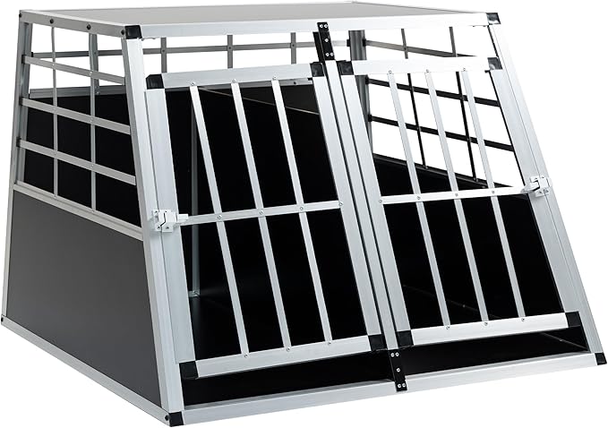 Double Door Travel Dog Cage, Lockable Aluminium Pet Car Transport Crate with Removable Partition, Sturdy Construction for Small Cats and Dogs, Portable Puppy Carrier for Car Use