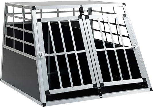 Double Door Travel Dog Cage, Lockable Aluminium Pet Car Transport Crate with Removable Partition, Sturdy Construction for Small Cats and Dogs, Portable Puppy Carrier for Car Use