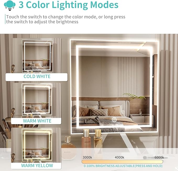 Lufeiya Small Makeup Vanity Desk with Fabric Drawers, 32 inch White Vanity Desks with Mirror and Light, Dressing Table and Chair Set with Power Outlet for Girls Bedroom, White