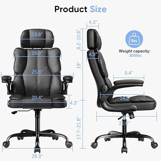Executive Leather Office Chair, Computer Chair with Thick Cushion & Lumbar Support, Ergonomic Desk Chair with Adjustable Headrest & Armrests,Black