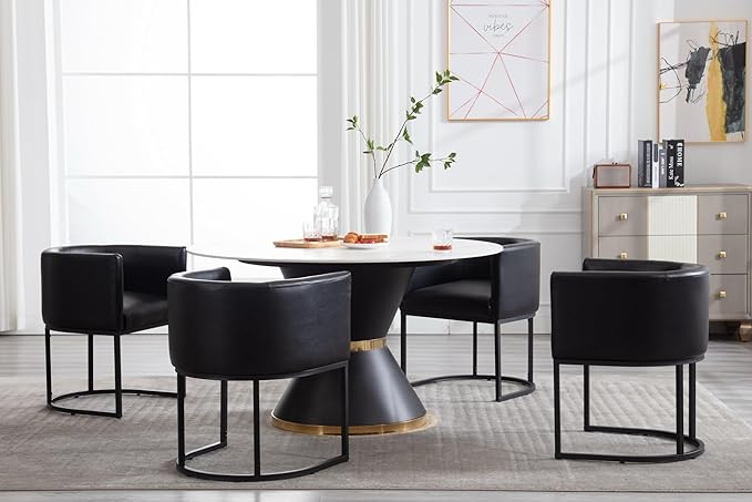 Faux Leather Dining Chairs Set of 3 Modern Barrel Arm Chairs with Black Metal Frame, Upholstered Kitchen Chairs 18.5" Wide Accent Chair for Living Room Dining Room Restaurant, Black