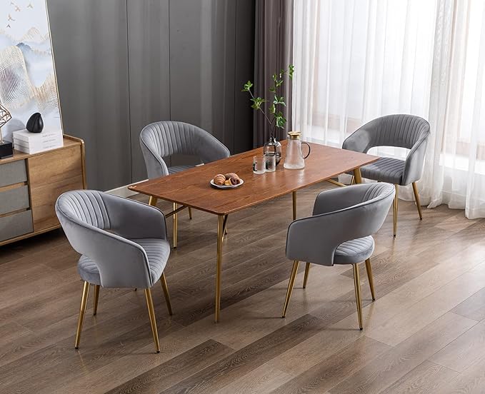 Modern Velvet Dining Chairs Set of 8, Upholstered Gold Dining Room Chairs with Hollow Back and Gold Legs, Accent Armrest Kitchen Chairs for Living Room Reception Grey