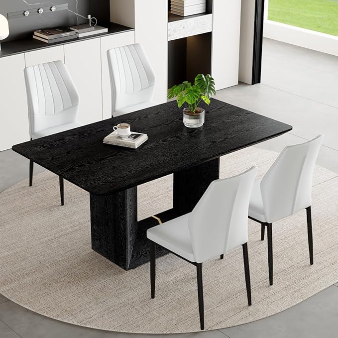 63" Modern Black Dining Table Set for 4 with Chairs, 5 Piece Rectangular Dining Room Table and 4 PU Leather Chairs, Kitchen Dining Set with Matte Wood Finish, Geometric Base, Easy Assembly