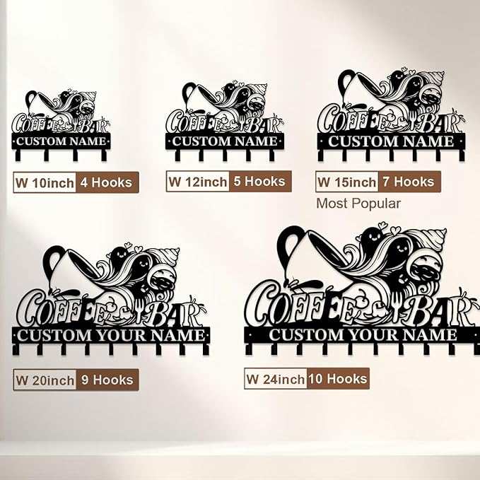 Coffee Bar Keys Holder - Metal Iron Wall Hooks with Custom Name | Personalized Home Decor & Gift Idea | Coffee-Themed Text Engraving Design (Style D)