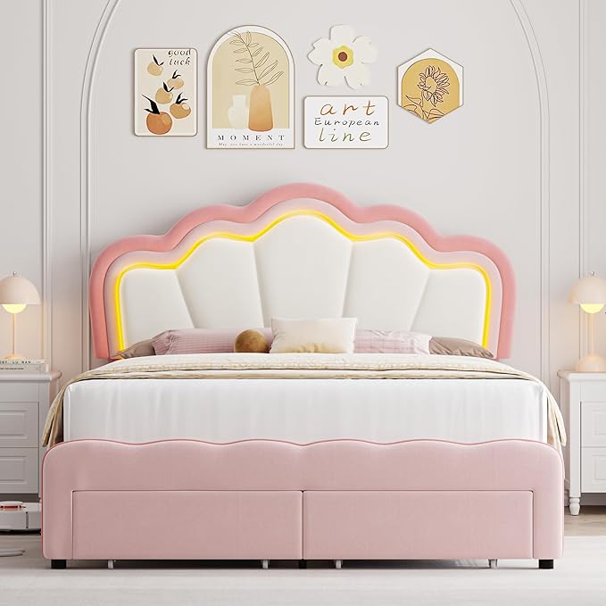 HOSTACK Queen Upholstered LED Bed Frame with Storage Drawers, Cute Girls Bed with Adjustable Lotus Headboard, Velvet Princess Platform Bed Frame, Wooden Slats Support, No Box Spring Needed, Pink/Beige
