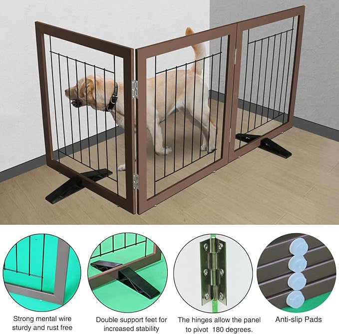 ZJSF Freestanding Dog Gate Indoor, Foldable Dog Fence for Doorways,Hallways or Stairs, Sturdy Wood Extra Wide Pet Gate with Support Feet,Brown,32 "Height-3 Panels