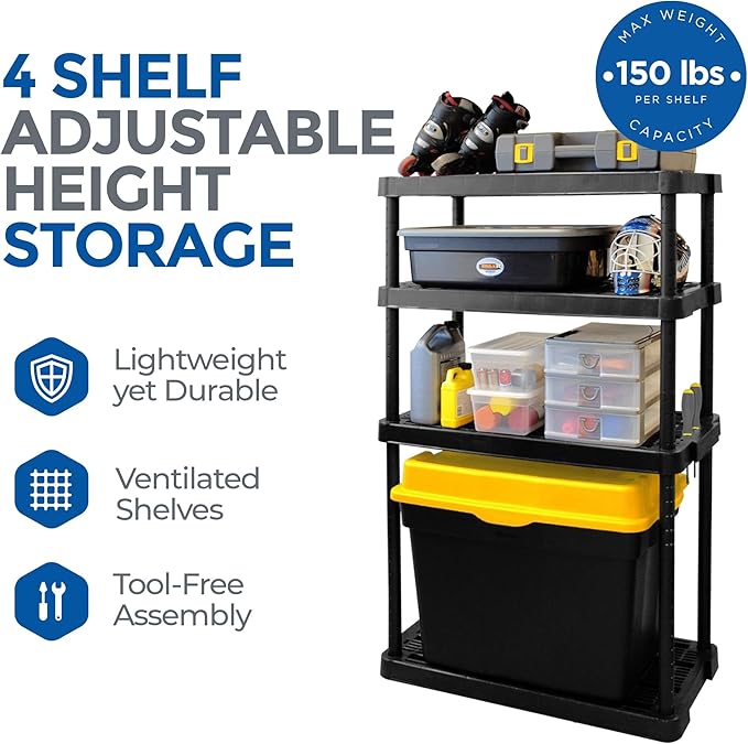 Gracious Living 4 Shelf Adjustable Height Medium Duty Storage Unit 14 x 32 x 54.5 Organizer for Home, Garage, Basement, & Laundry, Black (4 Pack)