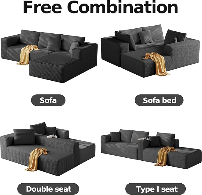 108'' Modular Sectional L-Shaped with Chair,Deep Seat Boneless Corner Couch for Living Room,Plush Corduroy Couch with Detachable Sofa Set,No Assembly(Right Facing Chaise，Gray)