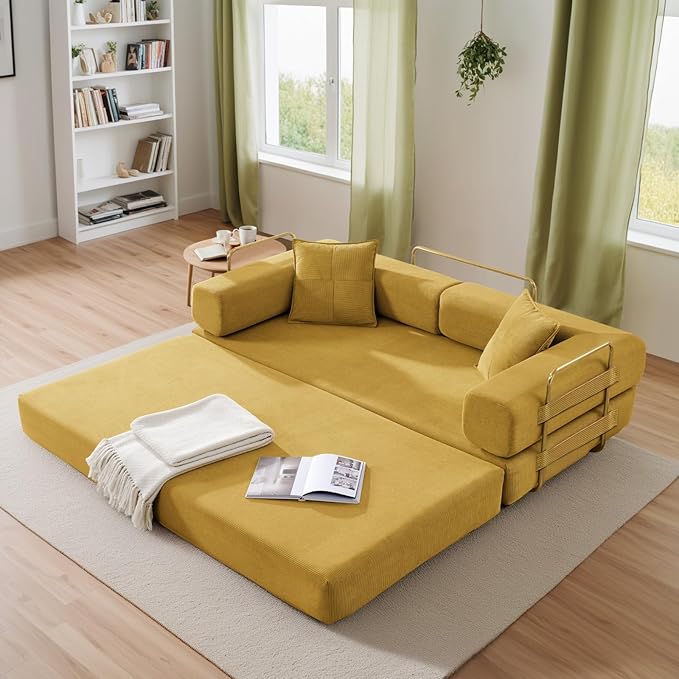 Antetek Convertible Futon Sofa Bed, 3-Seater Modern Corduroy Foam Floor King Size Bed Foldable Sleeper Lounge Loveseat Sofa Couch with 2 Throw Pillows for Living Room Bedroom Guest Room, Yellow