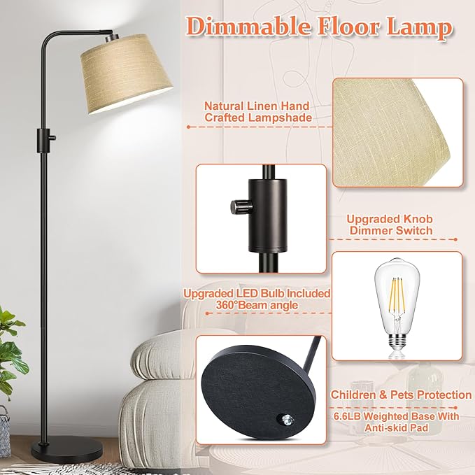 Nintiue Dimmable Floor Lamp, 1000 LM LED Edison Bulb Included, Arc Floor Lamps for Living Room Modern Standing Lamp Tall Lamps for Living Room Bedroom-Champagne