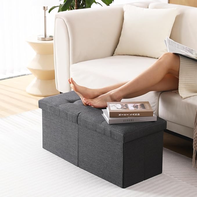 CUYOCA Storage Ottoman Bench Foldable Seat Footrest Shoe Bench End of Bed Storage with Flipping Lid, 75L Storage Space, 30 inches Linen Fabric Black