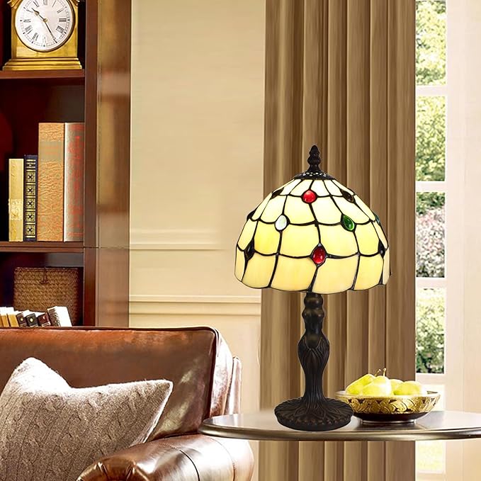 Tiffany Style Table Lamp, 8 Inch Stained Glass Lamp, Small Antique Bedside Lamp, for Nightstand Bedroom Living Room Home Office, Include LED E26 Bulb