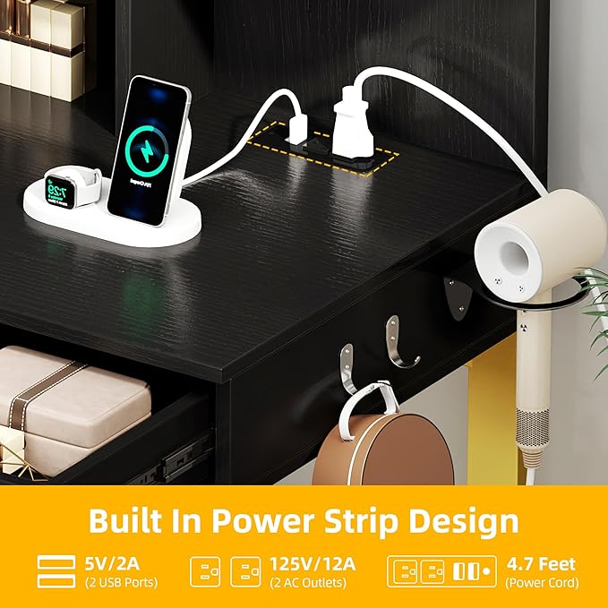 DWVO Vanity Desk with LED Lights Mirror & Power Outlet, Adjustable 3 Lights Modes, Makeup Table with Stool and Hidden Storage Shelves, 3 Drawers, Dressing Table Set with Chair, Upgraded, Black