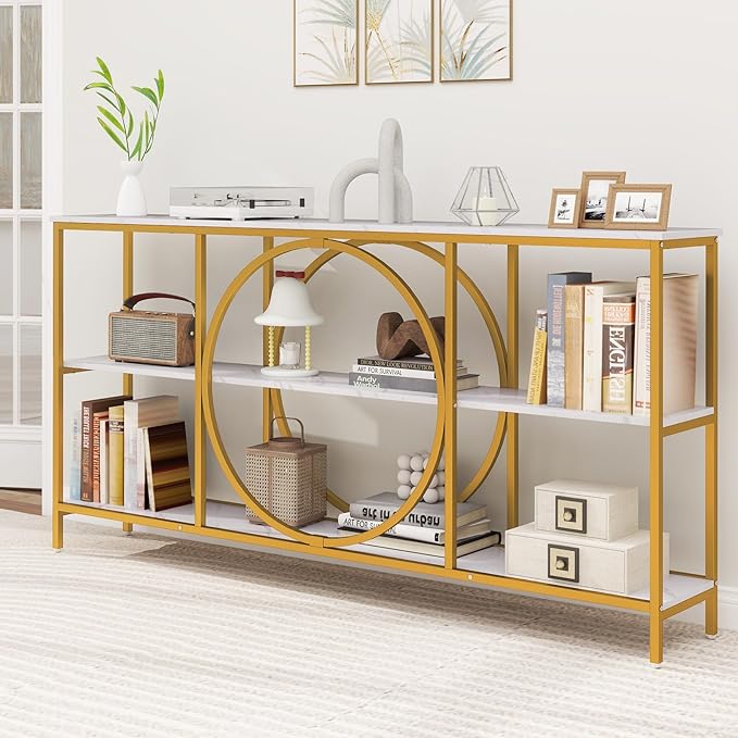 Giantex Narrow Long Console Table, 3-Tier Entryway Table with Faux Marble Top & Heavy-Duty Metal Frame, Mid-Century Accent Sofa Tables with Open Storage Shelves for Living Room, Hallway(White+Gold)