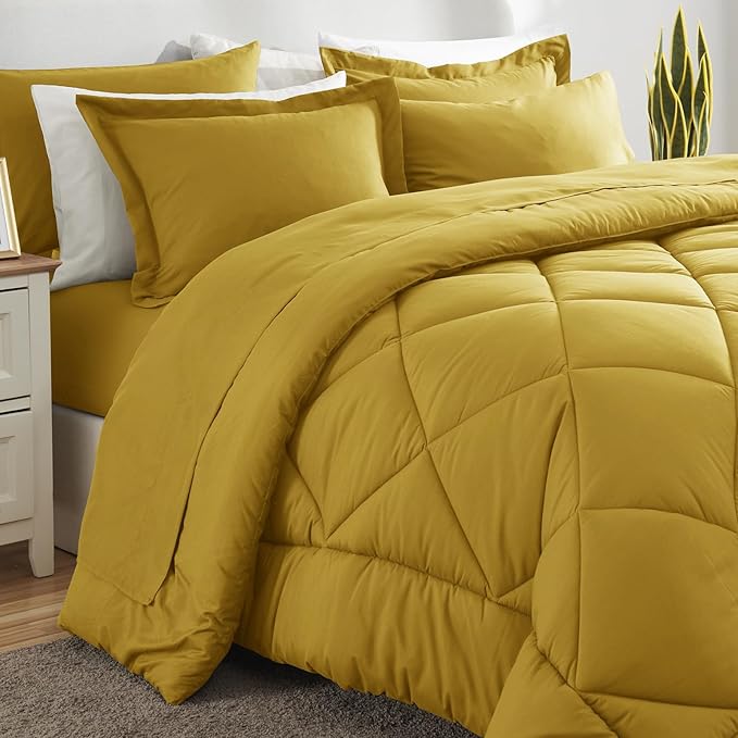CozyLux Queen Comforter Set Mustard Yellow - Bed in a Bag Queen Size 7 Pieces, Luxury Soft Bed Set for All Seasons, Bedding Set with Down Alternative Comforter, Sheets, Pillowcases & Shams
