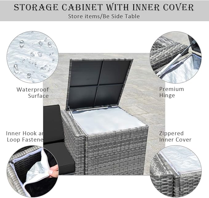 HAPPYGRILL 8-Pieces Patio Furniture Set Outdoor Rattan Conversation Set with Storage Box Sectional Wicker Sofa Set with Coffee Table and Cushions for Garden Backyard