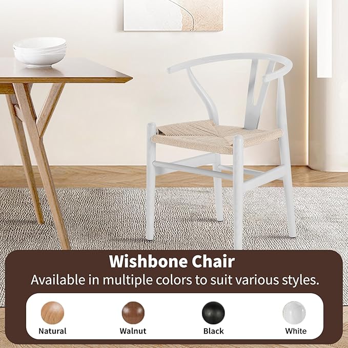 Wishbone Chair Natural Solid Wood Dining Chair/Hans Wegner Y Chair Rattan and Wood Accent Armrest Chairs Set of 2 (Ash Wood - White)