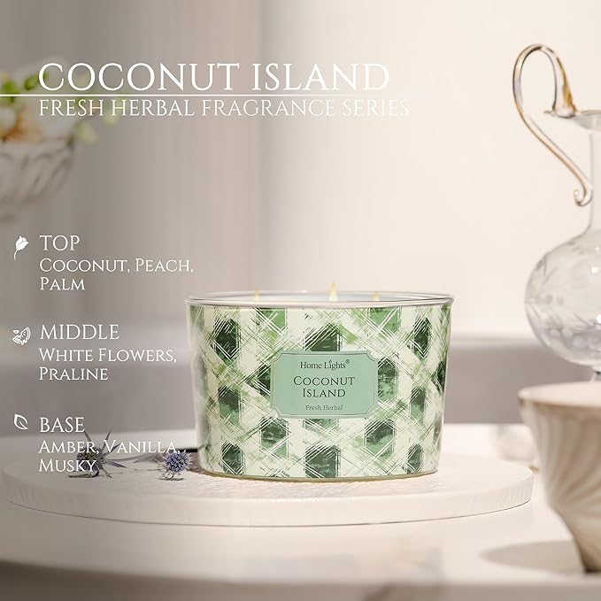 HomeLights 4-Wick Candles for Home Scented - 18oz Soy Wax Blend Candle Long-Lasting Fragrance, Scandinavian Minimalist Design Home Decor and Housewarming Gifts, Coconut Island