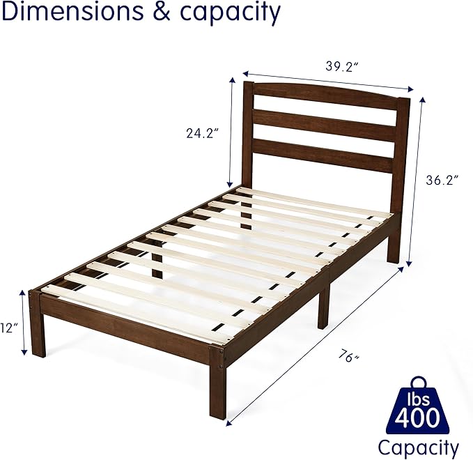 Hokway Wood Twin Bed Frames with Headboard-No Wobble,Noise-Free,Easy Assembly with Precise Holes,12 in Reinforced Center Legs,No Box Spring Needed,Walnut