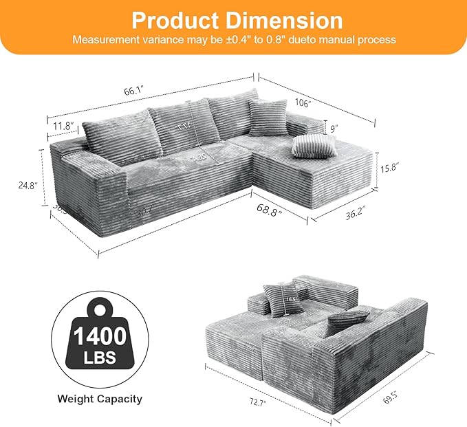 106''Boneless Couches for Living Room, L Shaped Modular Sectional Sofa with Chaise Lounge, Faux Rabbit Fur & Layered Cushion Deep Seat Cloud Couch, No Assembly (Grey, Right Facing Chaise)