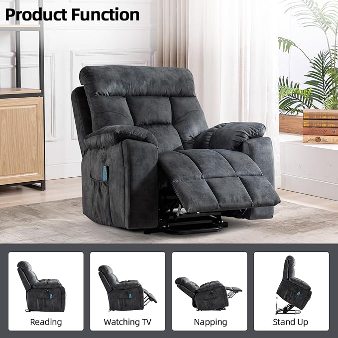 CANMOV Large Power Lift Recliner Chair with Massage and Heat for Elderly Big and Tall People, Overstuffed Wide Recliners with 2 Cup Holders, Side Pocket and USB Port, Grey