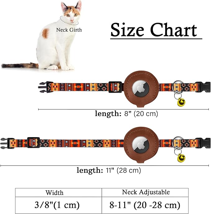 Airtag Cat Collar with Bell - Non Breakaway Soft Pet Collar with Leather Air Tag Holder - Adjustable GPS Anti-Lost Collars for Girl Boy Cats Kitten Puppies, Lightweight and Patterned (Tribal Orange)