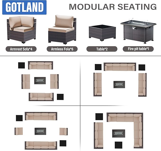 Gotland 13 Pieces Patio Furniture Set with Fire Pit Table, All Weather PE Rattan Outdoor Furniture with 29.5'' High Backrest 4’’ Thick Cushions Coffee Table, Patio Conversation Set for Deck, Khaki