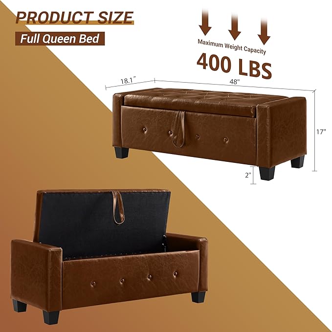 48" Faux Leather Ottoman with Storage, Tufted Storage Ottoman Bench with Safety Hinge, Rectangular Extra Long Bench for Bedroom, Living Room, Entryway and Window, Brown
