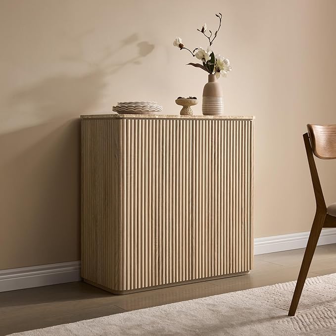 Fluted 2 Doors Sideboard Cabinet with Storage-Wooden Credenza w/Shelves, Faux Marble-Top Coffee Bar Console Table, Modern Buffet Cabinet for Dining, Kitchen, Living Room, Entryway, Natural Oak, 1pcs