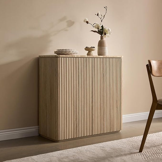 Fluted 2 Doors Sideboard Cabinet with Storage-Wooden Credenza w/Shelves, Faux Marble-Top Coffee Bar Console Table, Modern Buffet Cabinet for Dining, Kitchen, Living Room, Entryway, Natural Oak, 1pcs