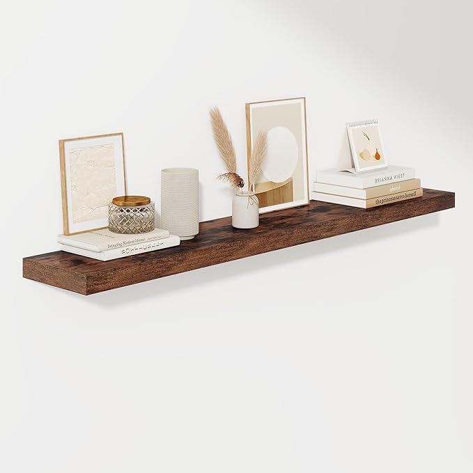 Fun Memories 55 Inch Floating Shelves for Wall, Fireplace Mantel Shelf with Invisible Heavy Duty Bracket, 8 Inch Deep Storage Shelf for Living Room, Kitchen, Farmhouse, Brown