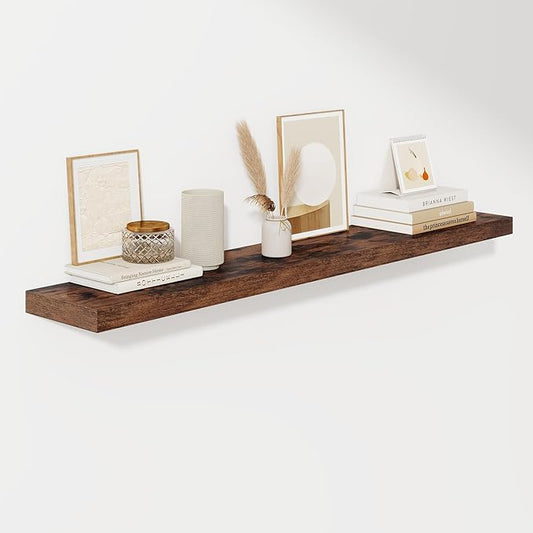 Fun Memories 55 Inch Floating Shelves for Wall, Fireplace Mantel Shelf with Invisible Heavy Duty Bracket, 8 Inch Deep Storage Shelf for Living Room, Kitchen, Farmhouse, Brown