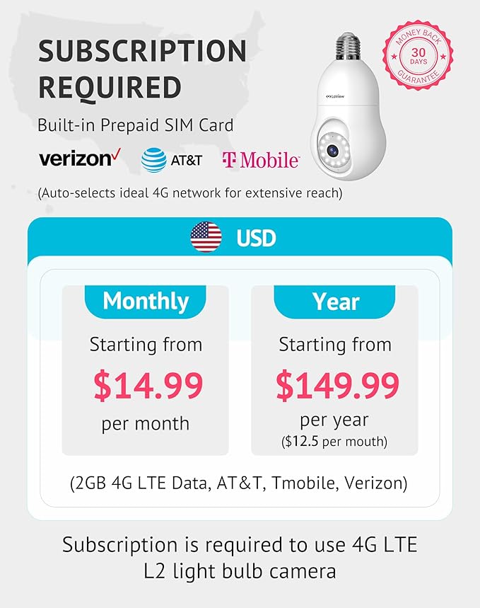 LaView 4G LTE Cellular Light Bulb Security Camera,360°2K Security Cameras Wireless Outdoor Indoor 4MP Full Color Day and Night,Motion Detection, Audible Alarm,Easy Installation,Compatible with Alexa