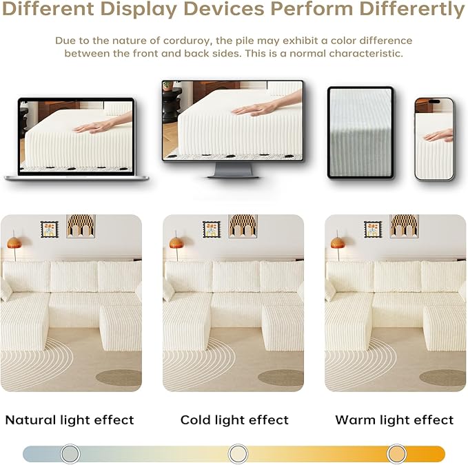 108" U Shaped Sectional Couch with Ottoman, Corduroy Modular Sectional Sofa with Deep Seat, Modern Modular L-Shape Sofa Couch with Chaise,Upholstered Boneless Couches for Living Room Bedroom