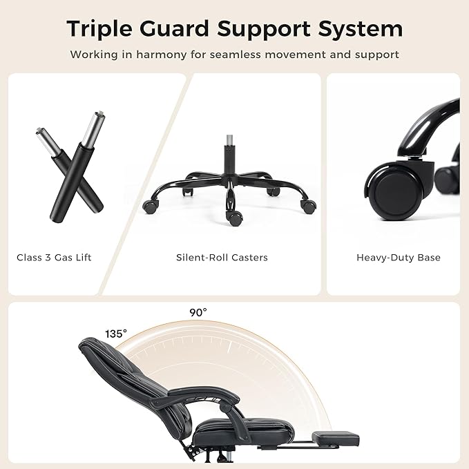 Office Chair with Footrest, Executive Breathable Leather Office Desk Chair with Lumbar Support - Ergonomic Comfy Wide Reclining Swivel Rolling Gaming Computer Chair with Adjustable 90-135° High Back