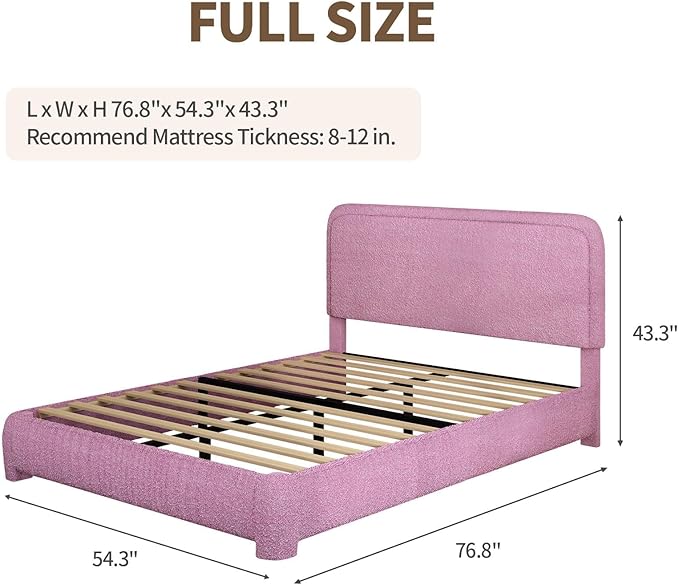 BarnFurin Full Size Bed Frame with Headboard, Boucle Upholstered Platform Bed Frame, Modern Style, Soft Rounded Corners, No Box Spring Required, Easy Assembly, Rose Pink