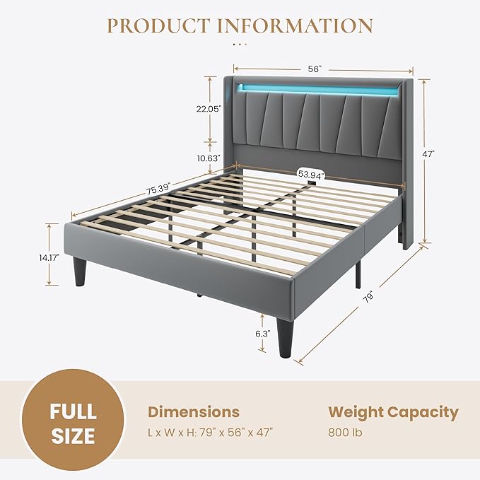 SHA CERLIN Full Size Bed Frame with Charging Station and LED Lights, Modern Velvet Platform Bed with Upholstered Geometric Wingback Headboard, No Box Spring Needed, Easy Assembly, Grey