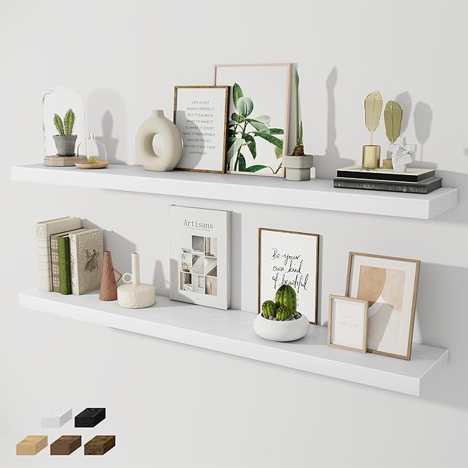 Fun Memories 55 Inch Long Floating Shelves for Wall, 8" Deep Floating Shelves for Bathroom Living Room Bedroom, Rustic Wall Mounted Shelf with Invisible Heavy-Duty Bracket, Set of 2, White
