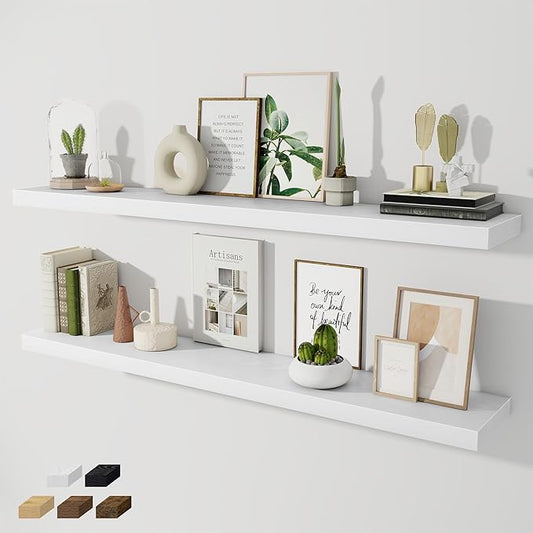 Fun Memories 55 Inch Long Floating Shelves for Wall, 8" Deep Floating Shelves for Bathroom Living Room Bedroom, Rustic Wall Mounted Shelf with Invisible Heavy-Duty Bracket, Set of 2, White