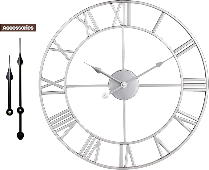 1st owned Large Wall Clock, Metal Retro Roman Numeral Clock, Modern Round Wall Clocks Almost Silent, Easy to Read for Living Room/Home/Kitchen/Bedroom/Office/School Decor (Silver, 16 Inch)