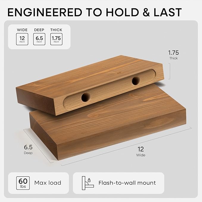 Homeforia 12 inch Golden Oak Floating Shelf, High End Solid Real Wood 12inch Small Floating Shelves for Wall Mounted, Oak Wooden 12in Floating Shelves, Heavy Duty Bracket, 12 X 6.5 X 1.75 in, Set of 2