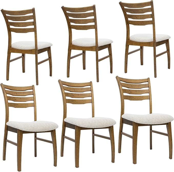 DUOMAY Farmhouse Dining Chairs Set of 6, Fur Beige Upholstered Side Chairs Solid Wood Ladder Back Kitchen Chairs for Home Dining Room, Browm Frame