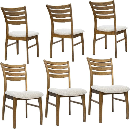 DUOMAY Farmhouse Dining Chairs Set of 6, Fur Beige Upholstered Side Chairs Solid Wood Ladder Back Kitchen Chairs for Home Dining Room, Browm Frame
