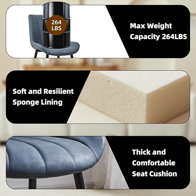 Dining Chairs Set of 2, Faux Leather Modern Linear Design Dining Chair with Metal Legs, 16.9" Seat Width Chair for Kitchen, Lounge, Reception Room, Restaurant, Commercial (Haze Blue)