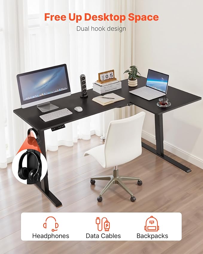 VEVOR Electric L Shaped Standing Desk 63"x39", 3 Memory Height Adjustable, Dual Motor Corner Sit Stand Up Desk with 2 Hooks, Heavy Duty Carbon Steel Computer Table Workstation, Easy to Assemble, Black