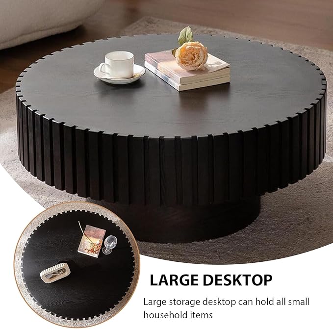 Round Coffee Table, Handcrafted Fluted Drum Coffee Tables Modern Wood Coffee Table Circle Drum Center Table for Living Room, Apartment (Round Black)