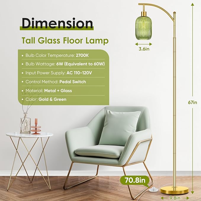 Glass Floor Lamp for Living Room, Modern Green Standing Lamp with Ribbed Glass Lampshade Pedal Switch, 67” Tall Lamp for Bedroom Study Room